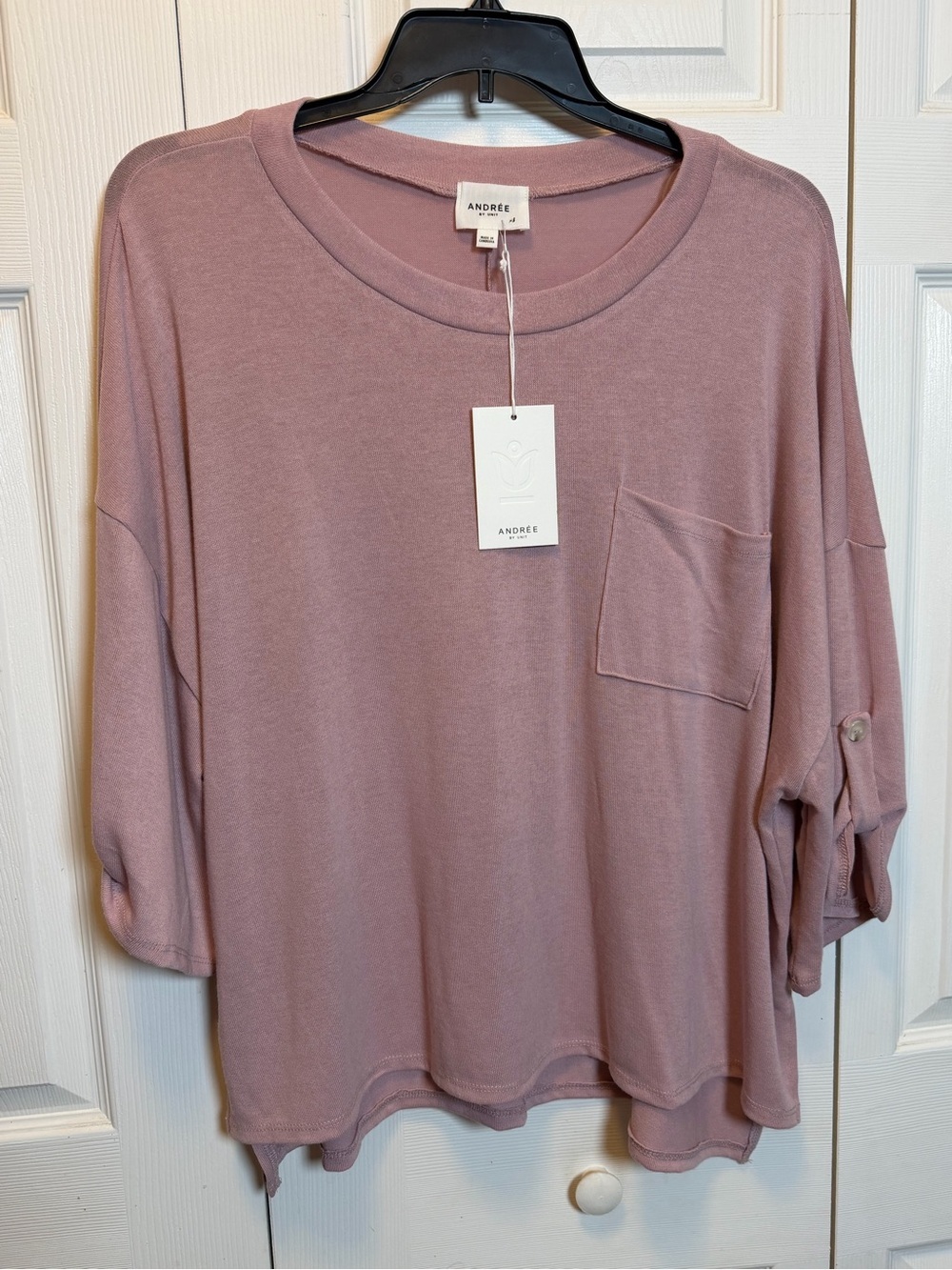 NWT Andrée by Unit XL Pink Pocket Tunic Top Roll Tab Sleeve High Low Blouse